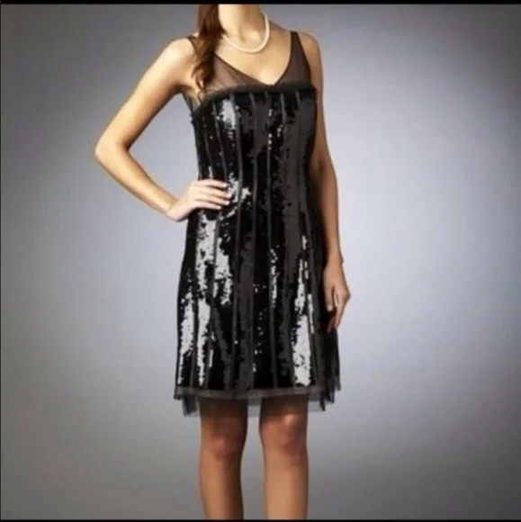 BCBGMAXAZRIA Black Striped Sequin Dress